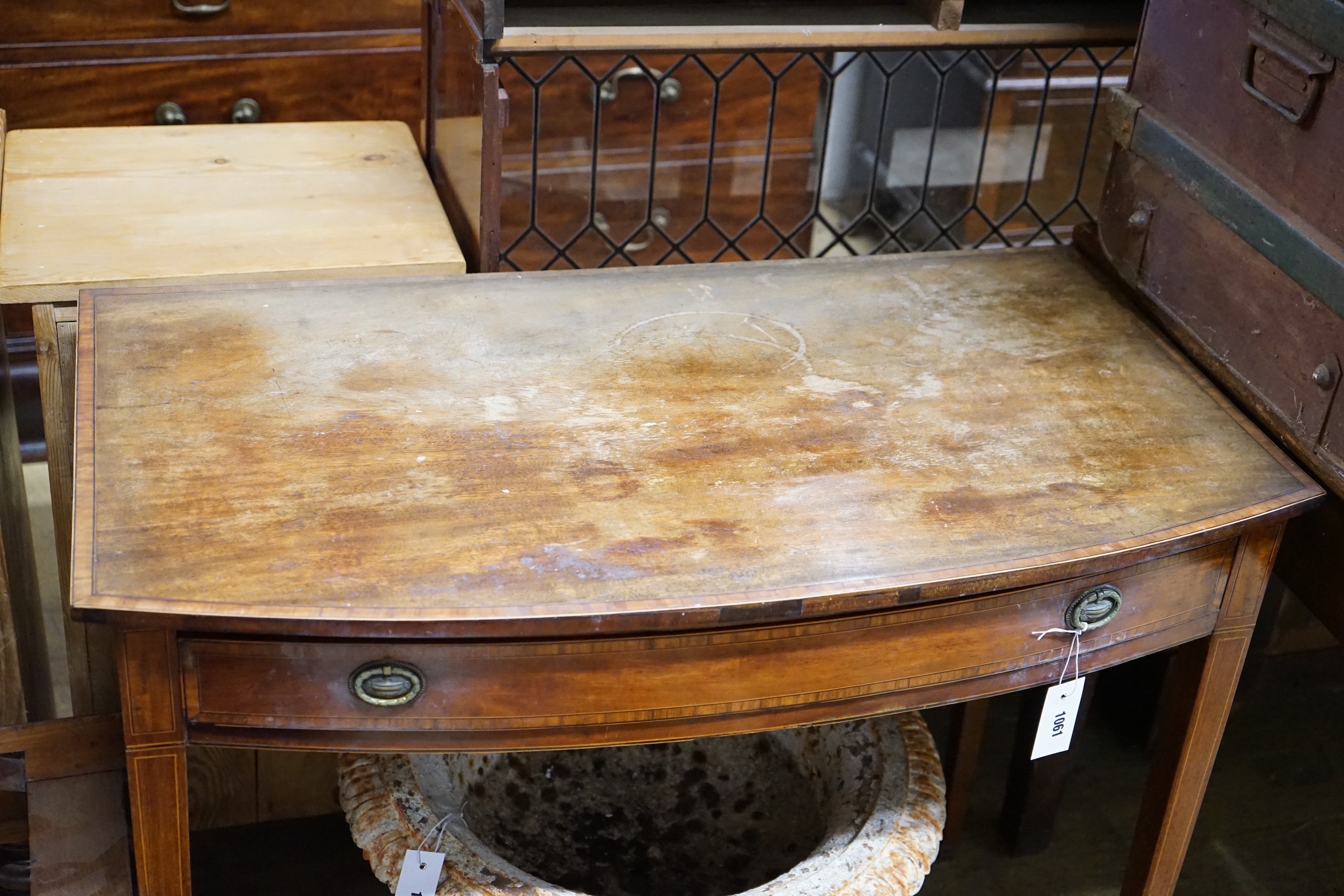 A George III satinwood banded mahogany bowfront side table, width 91cm, depth 51cm, height 76cm